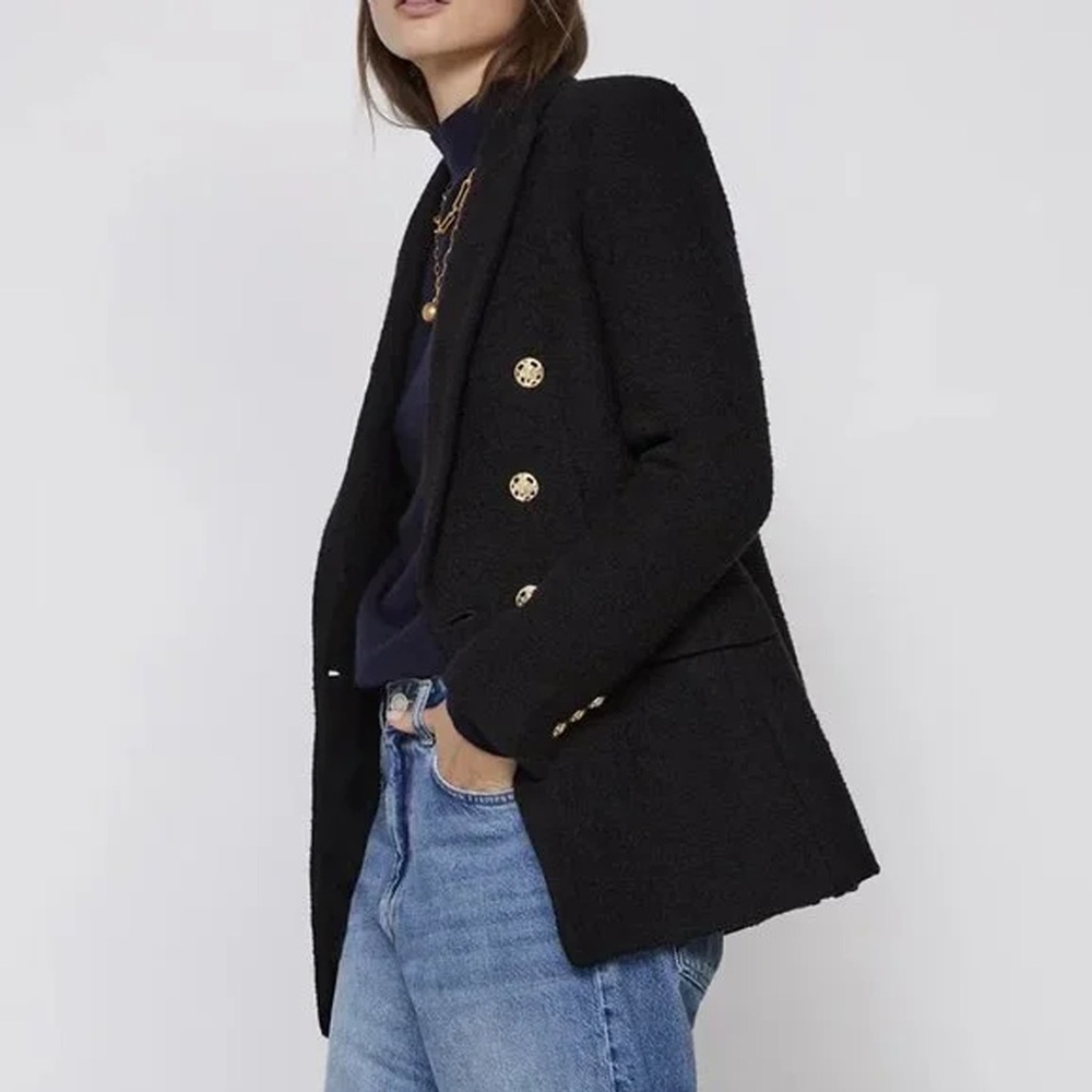 Zara - Double Breasted Textured Weave Blazer - Black - Picture 2 of 13